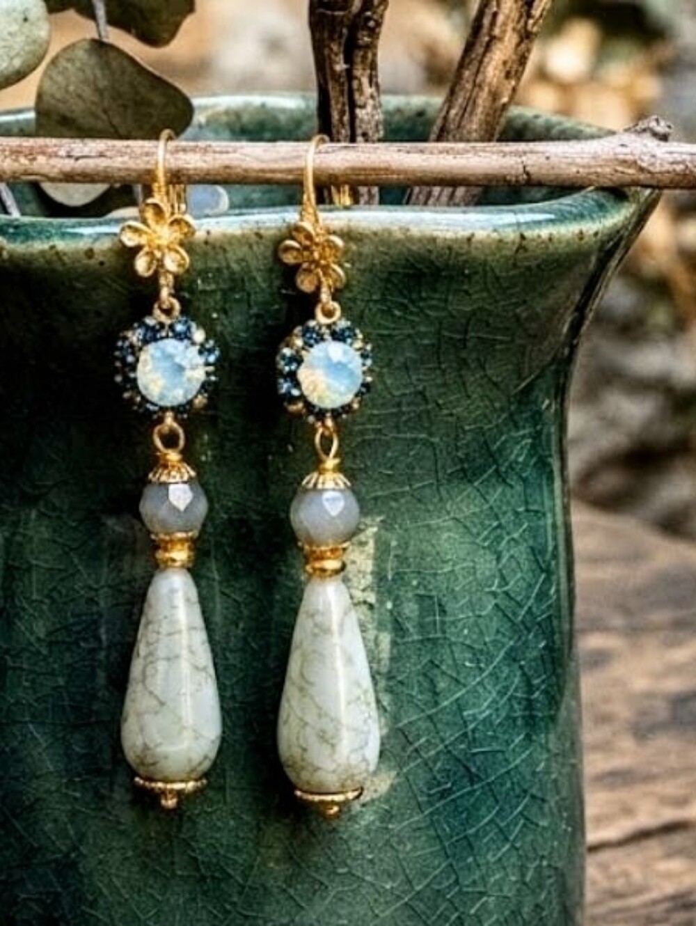 Victorian Light Green Mint Swarovski Flower Crystal & Marbled Glass  Earrings